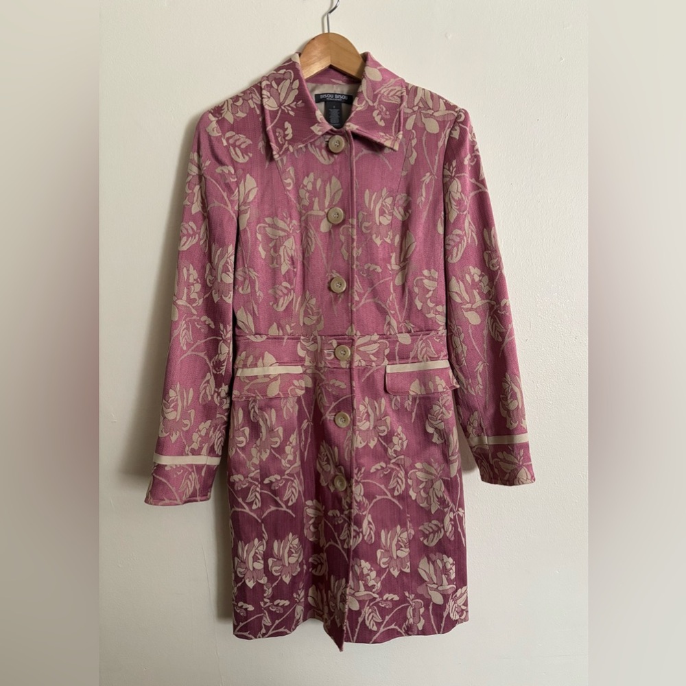 Bisou Bisou Pink Floral Tapestry Trench Coat Size 6